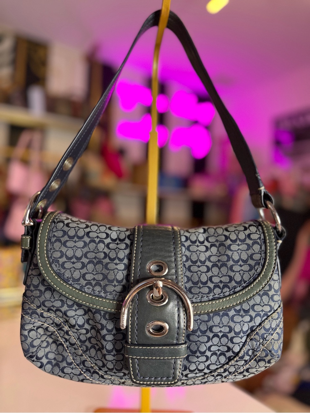 Rare Coach Soho F12308 Signature Flap Shoulder Bag Y2K Black Gray